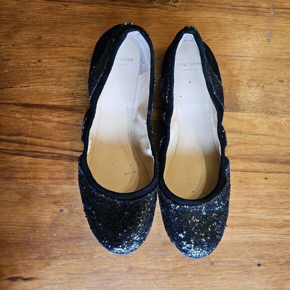 COLE HAAN AVERY BALLET BLACK GLITTER WOMENS Size 7.5B SLIP ON FLAT SHOES - Picture 2 of 6